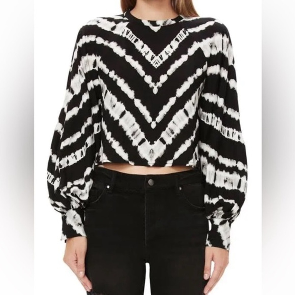 AFRM Black & White Tie-Dye Cropped Balloon-Sleeve Top
